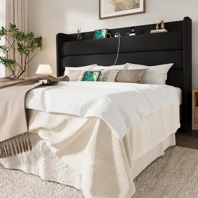 Main image of King Size Bed Frame with Charging Station, Velvet Upholstered Platform Bed, Wingback Storage Headboard, Type-C & USB Ports, Strong Wooden Slats, No Box Spring Needed, Easy Assembly, Black