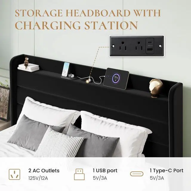 Alt view image 4 of 7 - King Size Bed Frame with Charging Station, Velvet Upholstered Platform Bed, Wingback Storage Headboard, Type-C & USB Ports, Strong Wooden Slats, No Box Spring Needed, Easy Assembly, Black