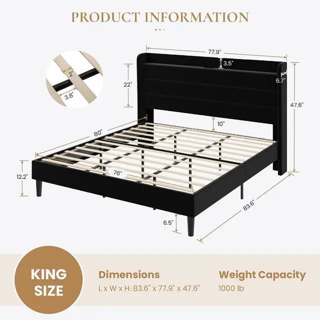 Alt view image 2 of 7 - King Size Bed Frame with Charging Station, Velvet Upholstered Platform Bed, Wingback Storage Headboard, Type-C & USB Ports, Strong Wooden Slats, No Box Spring Needed, Easy Assembly, Black