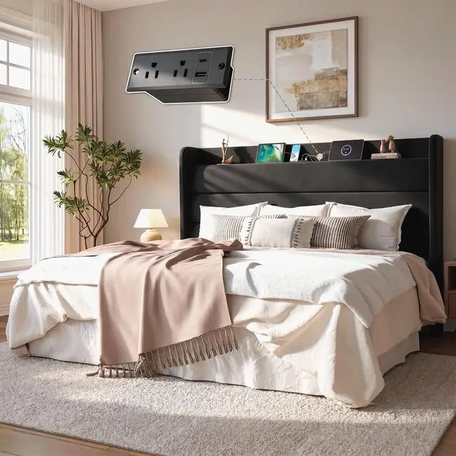 Alt view image 3 of 7 - King Size Bed Frame with Charging Station, Velvet Upholstered Platform Bed, Wingback Storage Headboard, Type-C & USB Ports, Strong Wooden Slats, No Box Spring Needed, Easy Assembly, Black