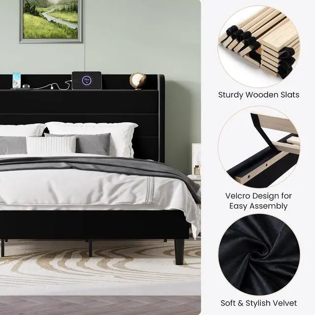 Alt view image 7 of 7 - King Size Bed Frame with Charging Station, Velvet Upholstered Platform Bed, Wingback Storage Headboard, Type-C & USB Ports, Strong Wooden Slats, No Box Spring Needed, Easy Assembly, Black