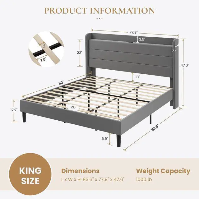 Alt view image 2 of 7 - King Size Bed Frame with Charging Station, Velvet Upholstered Platform Bed, Wingback Storage Headboard, Type-C & USB Ports, Strong Wooden Slats, No Box Spring Needed, Easy Assembly, Grey
