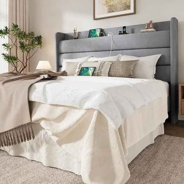 Main image of King Size Bed Frame with Charging Station, Velvet Upholstered Platform Bed, Wingback Storage Headboard, Type-C & USB Ports, Strong Wooden Slats, No Box Spring Needed, Easy Assembly, Grey