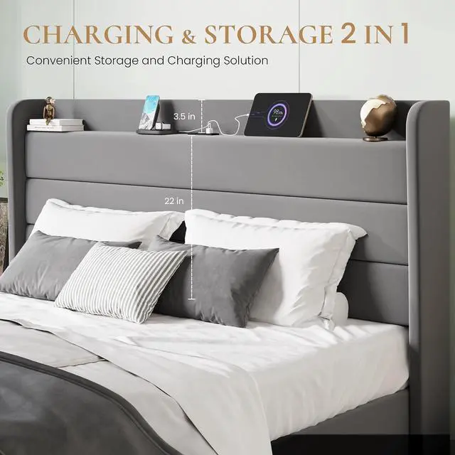 Alt view image 4 of 7 - King Size Bed Frame with Charging Station, Velvet Upholstered Platform Bed, Wingback Storage Headboard, Type-C & USB Ports, Strong Wooden Slats, No Box Spring Needed, Easy Assembly, Grey