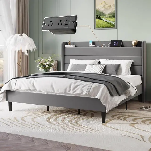 Alt view image 3 of 7 - King Size Bed Frame with Charging Station, Velvet Upholstered Platform Bed, Wingback Storage Headboard, Type-C & USB Ports, Strong Wooden Slats, No Box Spring Needed, Easy Assembly, Grey