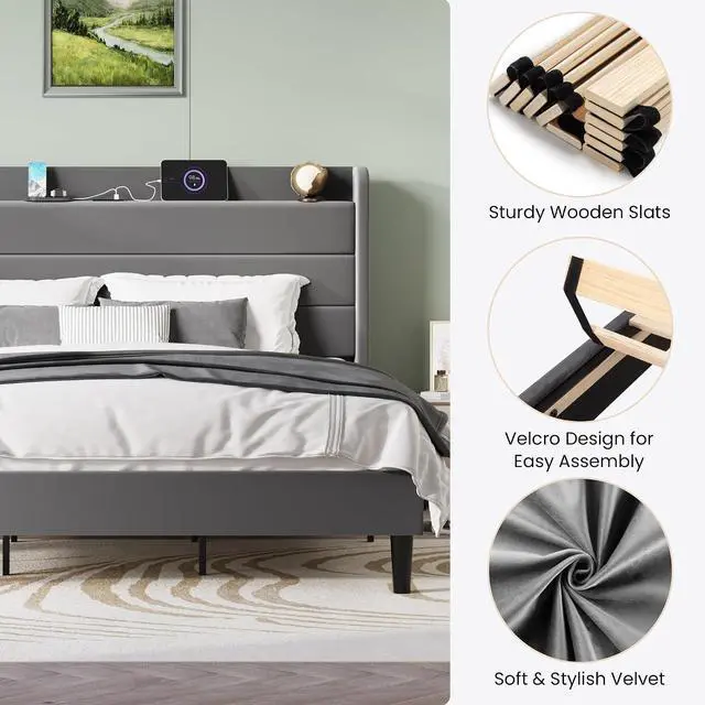 Alt view image 7 of 7 - King Size Bed Frame with Charging Station, Velvet Upholstered Platform Bed, Wingback Storage Headboard, Type-C & USB Ports, Strong Wooden Slats, No Box Spring Needed, Easy Assembly, Grey