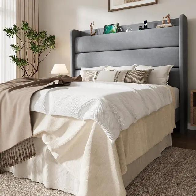 Main image of Full Size Bed Frame with Charging Station, Velvet Upholstered Platform Bed, Wingback Storage Headboard, Type-C & USB Ports, Strong Wooden Slats, No Box Spring Needed, Easy Assembly, Grey