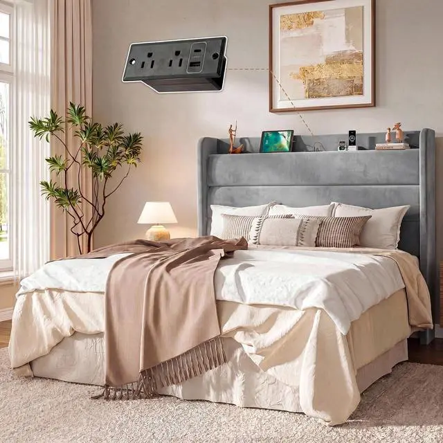 Alt view image 3 of 7 - Full Size Bed Frame with Charging Station, Velvet Upholstered Platform Bed, Wingback Storage Headboard, Type-C & USB Ports, Strong Wooden Slats, No Box Spring Needed, Easy Assembly, Grey