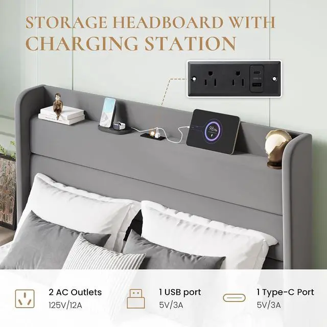 Alt view image 4 of 7 - Full Size Bed Frame with Charging Station, Velvet Upholstered Platform Bed, Wingback Storage Headboard, Type-C & USB Ports, Strong Wooden Slats, No Box Spring Needed, Easy Assembly, Grey