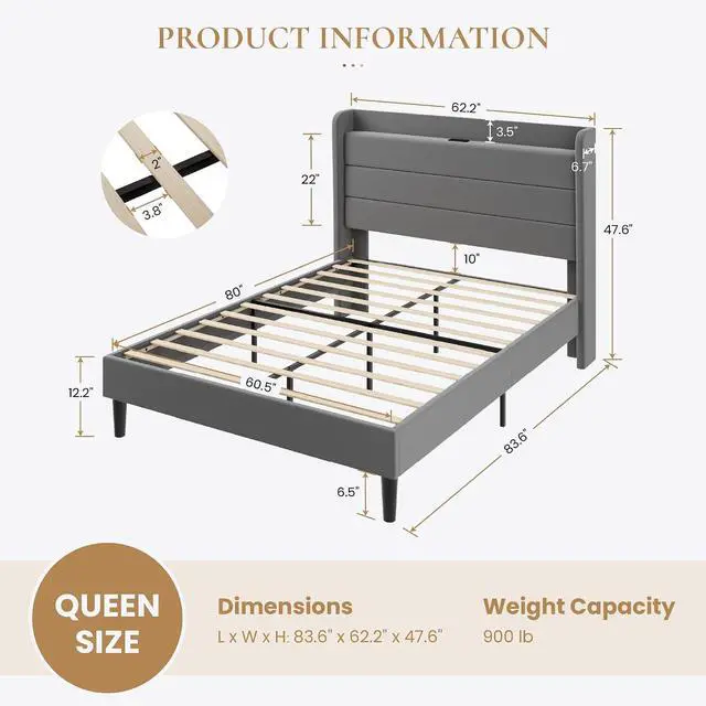 Alt view image 2 of 7 - Queen Bed Frame with Charging Station, Velvet Upholstered Platform Bed, Wingback Storage Headboard, Type-C & USB Ports, Strong Wooden Slats, No Box Spring Needed, Easy Assembly, Grey