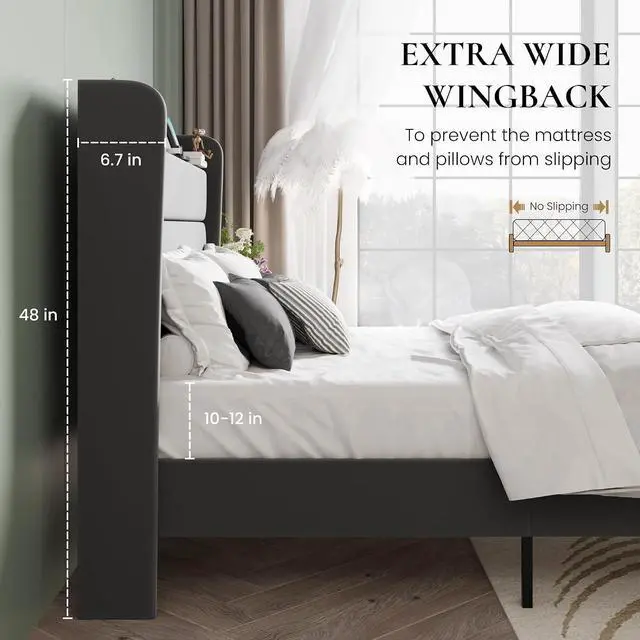 Alt view image 5 of 7 - Full Size Bed Frame with Charging Station, Velvet Upholstered Platform Bed, Wingback Storage Headboard, Type-C & USB Ports, Strong Wooden Slats, No Box Spring Needed, Easy Assembly, Grey