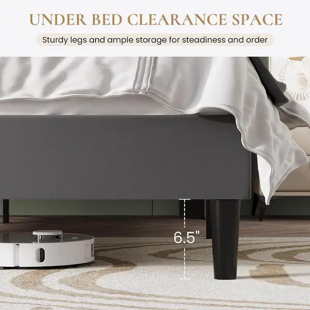 Alt view image 6 of 7 - Full Size Bed Frame with Charging Station, Velvet Upholstered Platform Bed, Wingback Storage Headboard, Type-C & USB Ports, Strong Wooden Slats, No Box Spring Needed, Easy Assembly, Grey