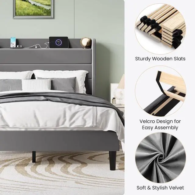 Alt view image 7 of 7 - Full Size Bed Frame with Charging Station, Velvet Upholstered Platform Bed, Wingback Storage Headboard, Type-C & USB Ports, Strong Wooden Slats, No Box Spring Needed, Easy Assembly, Grey