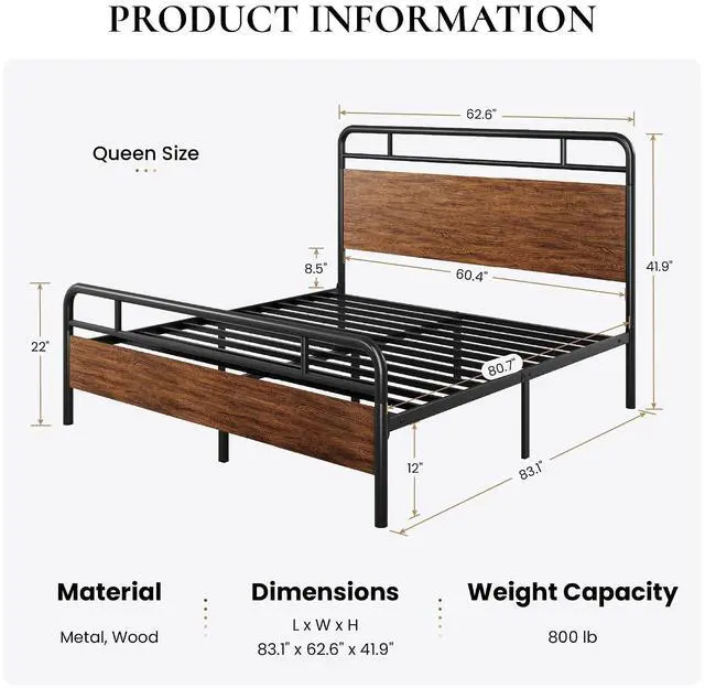 Alt view image 2 of 7 - Queen Size Bed Frame with Wooden Headboard and Footboard, Rounded Corner Metal Structure, Heavy Duty Slats with Under-Bed Storage, No Box Spring Needed, Walnut