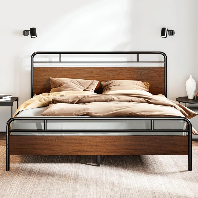 Main image of King Size Bed Frame with Wooden Headboard and Footboard, Rounded Corner Metal Structure, Heavy Duty Slats with Under-Bed Storage, No Box Spring Needed, Walnut