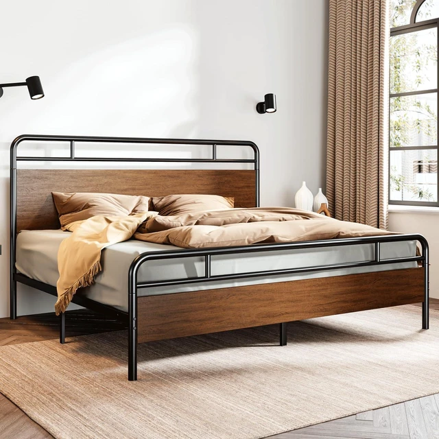 Alt view image 3 of 7 - King Size Bed Frame with Wooden Headboard and Footboard, Rounded Corner Metal Structure, Heavy Duty Slats with Under-Bed Storage, No Box Spring Needed, Walnut