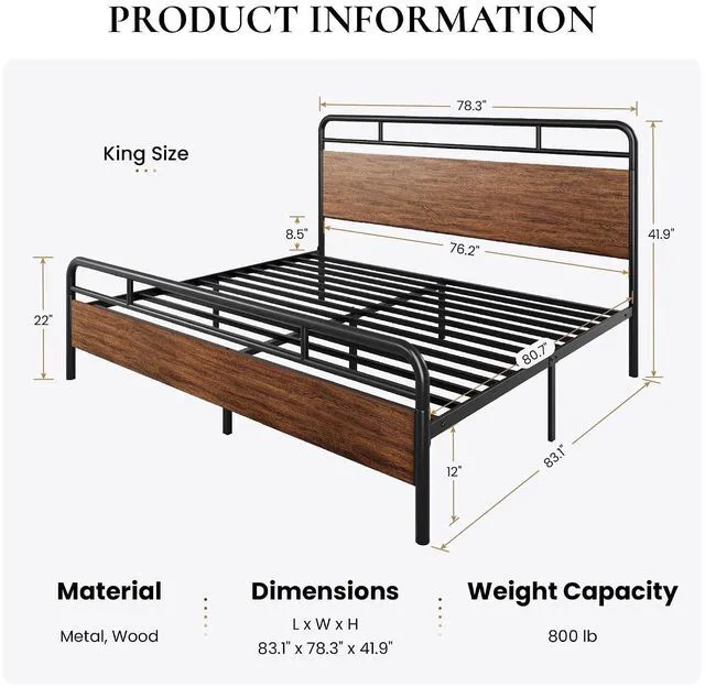 Alt view image 2 of 7 - King Size Bed Frame with Wooden Headboard and Footboard, Rounded Corner Metal Structure, Heavy Duty Slats with Under-Bed Storage, No Box Spring Needed, Walnut