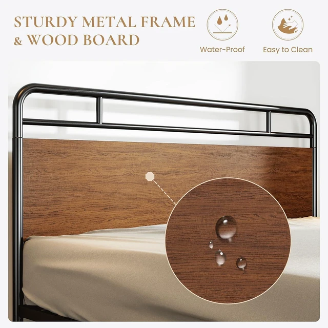 Alt view image 4 of 7 - King Size Bed Frame with Wooden Headboard and Footboard, Rounded Corner Metal Structure, Heavy Duty Slats with Under-Bed Storage, No Box Spring Needed, Walnut