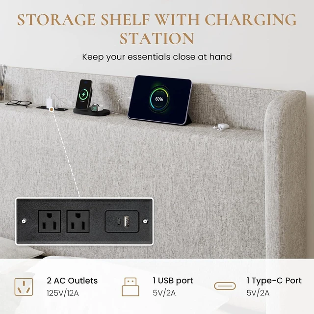 Alt view image 5 of 7 - King Size Storage Bed Frame with 4 Oversized Drawers, Modern Wingback Headboard with Storage Shelf & Charging Station, No Box Spring Needed, Easy Assembly, Light Beige