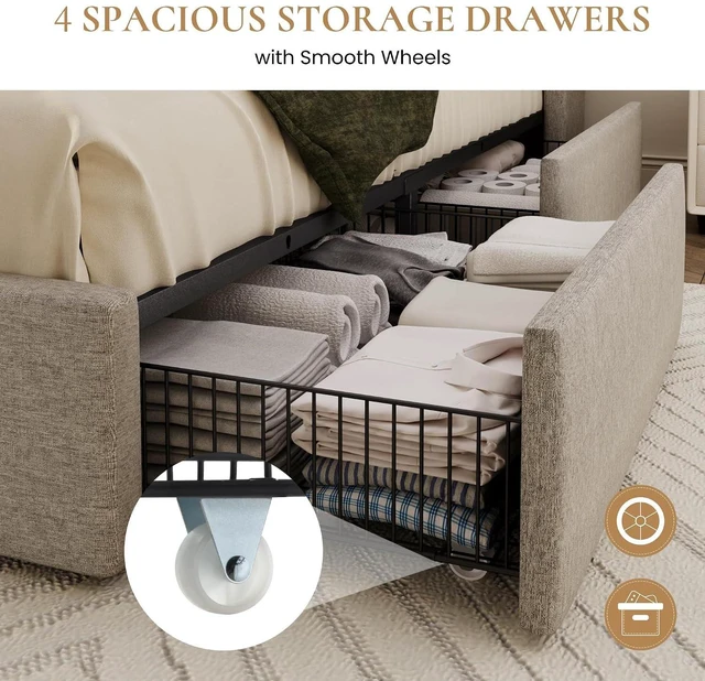 Alt view image 6 of 7 - King Size Storage Bed Frame with 4 Oversized Drawers, Modern Wingback Headboard with Storage Shelf & Charging Station, No Box Spring Needed, Easy Assembly, Light Beige