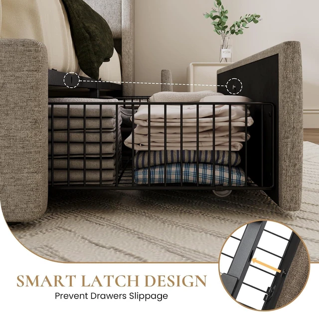 Alt view image 7 of 7 - King Size Storage Bed Frame with 4 Oversized Drawers, Modern Wingback Headboard with Storage Shelf & Charging Station, No Box Spring Needed, Easy Assembly, Light Beige