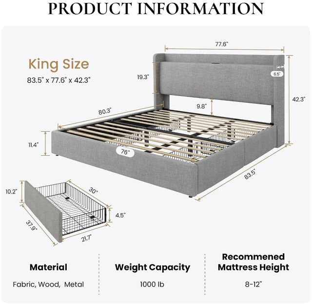 Alt view image 2 of 7 - King Size Storage Bed Frame with 4 Oversized Drawers, Modern Wingback Headboard with Storage Shelf & Charging Station, No Box Spring Needed, Easy Assembly, Grey