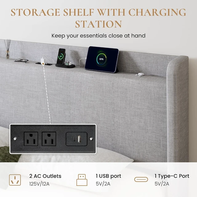 Alt view image 5 of 7 - King Size Storage Bed Frame with 4 Oversized Drawers, Modern Wingback Headboard with Storage Shelf & Charging Station, No Box Spring Needed, Easy Assembly, Grey