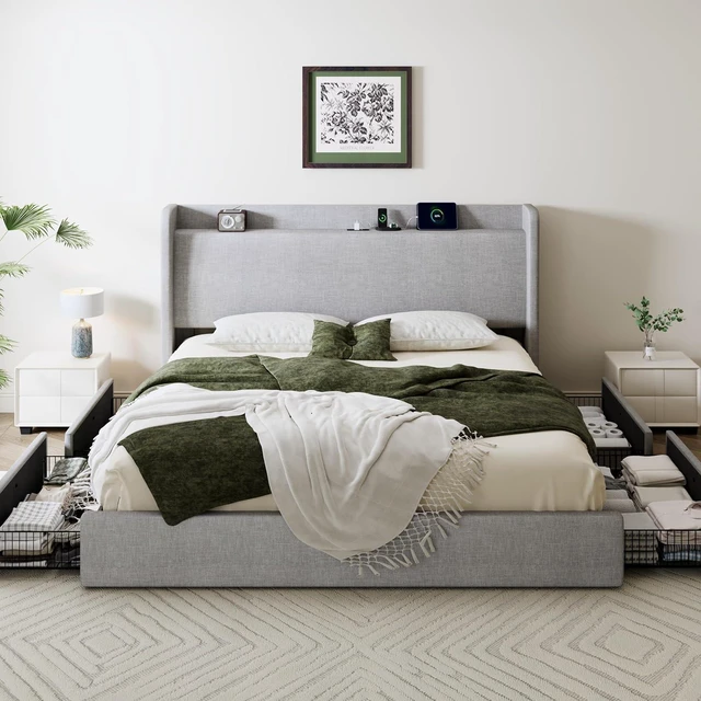 Alt view image 3 of 7 - King Size Storage Bed Frame with 4 Oversized Drawers, Modern Wingback Headboard with Storage Shelf & Charging Station, No Box Spring Needed, Easy Assembly, Grey