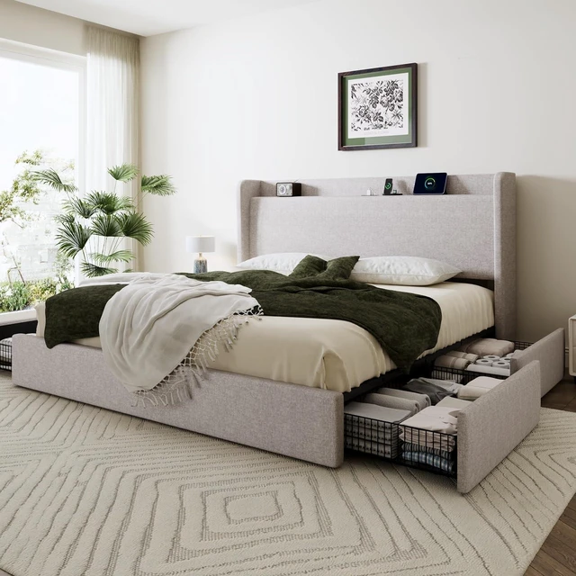 Main image of King Size Storage Bed Frame with 4 Oversized Drawers, Modern Wingback Headboard with Storage Shelf & Charging Station, No Box Spring Needed, Easy Assembly, Light Beige