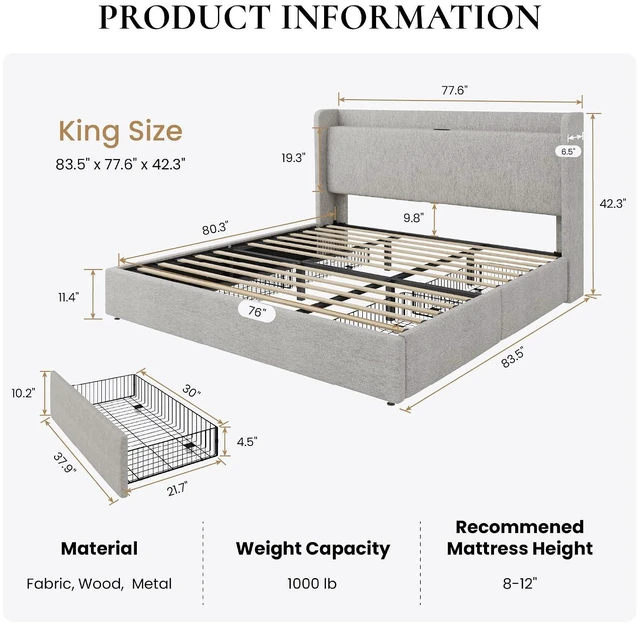Alt view image 2 of 7 - King Size Storage Bed Frame with 4 Oversized Drawers, Modern Wingback Headboard with Storage Shelf & Charging Station, No Box Spring Needed, Easy Assembly, Light Beige