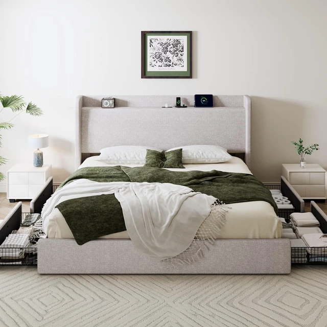 Alt view image 3 of 7 - King Size Storage Bed Frame with 4 Oversized Drawers, Modern Wingback Headboard with Storage Shelf & Charging Station, No Box Spring Needed, Easy Assembly, Light Beige