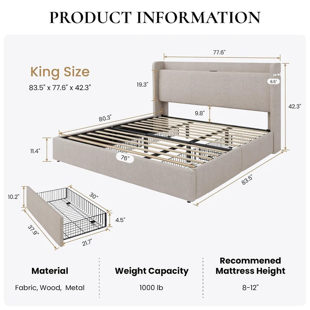 Alt view image 2 of 7 - King Size Storage Bed Frame with 4 Oversized Drawers, Modern Wingback Headboard with Storage Shelf & Charging Station, No Box Spring Needed, Easy Assembly, Beige