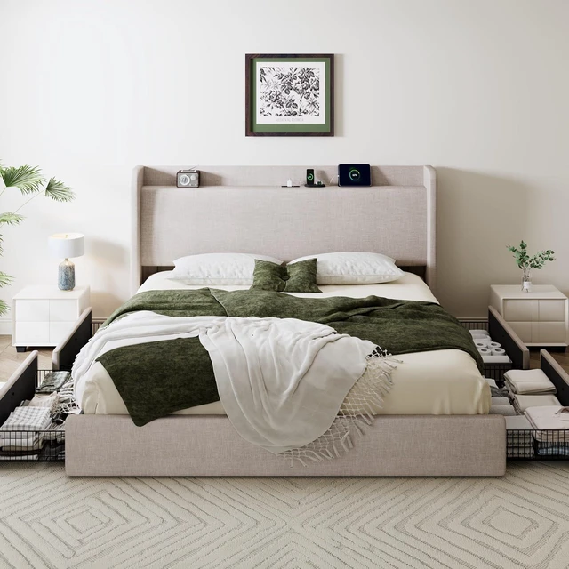 Alt view image 3 of 7 - King Size Storage Bed Frame with 4 Oversized Drawers, Modern Wingback Headboard with Storage Shelf & Charging Station, No Box Spring Needed, Easy Assembly, Beige