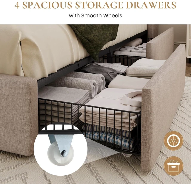Alt view image 6 of 7 - King Size Storage Bed Frame with 4 Oversized Drawers, Modern Wingback Headboard with Storage Shelf & Charging Station, No Box Spring Needed, Easy Assembly, Beige