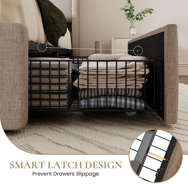 Alt view image 7 of 7 - King Size Storage Bed Frame with 4 Oversized Drawers, Modern Wingback Headboard with Storage Shelf & Charging Station, No Box Spring Needed, Easy Assembly, Beige
