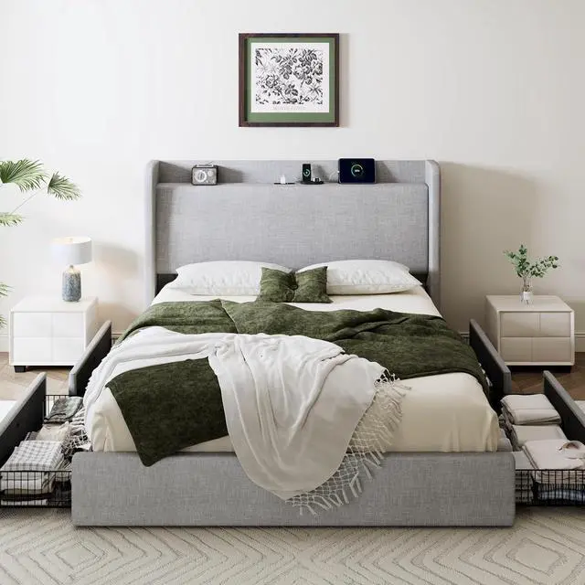 Alt view image 3 of 7 - Queen Size Storage Bed Frame with 4 Oversized Drawers, Modern Wingback Headboard with Storage Shelf & Charging Station, No Box Spring Needed, Easy Assembly, Grey