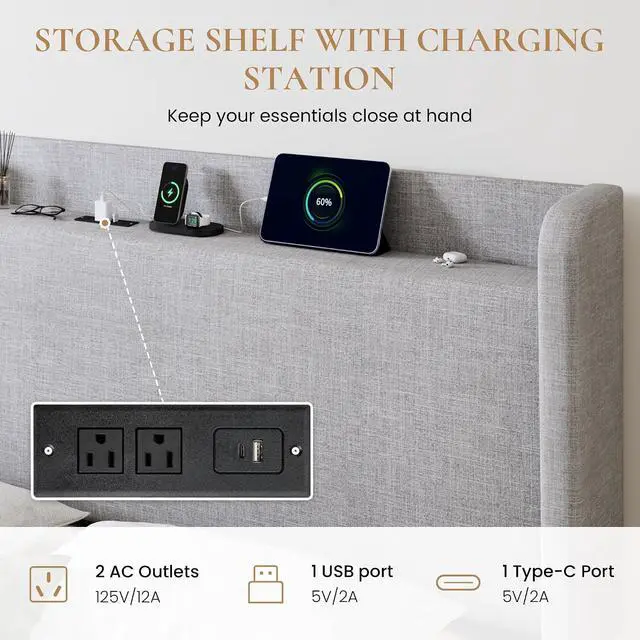 Alt view image 5 of 7 - Queen Size Storage Bed Frame with 4 Oversized Drawers, Modern Wingback Headboard with Storage Shelf & Charging Station, No Box Spring Needed, Easy Assembly, Grey