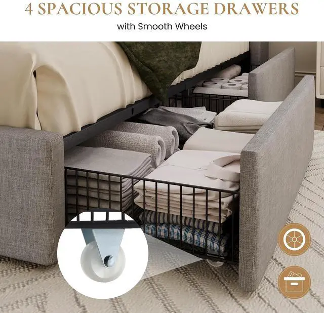 Alt view image 6 of 7 - Queen Size Storage Bed Frame with 4 Oversized Drawers, Modern Wingback Headboard with Storage Shelf & Charging Station, No Box Spring Needed, Easy Assembly, Grey