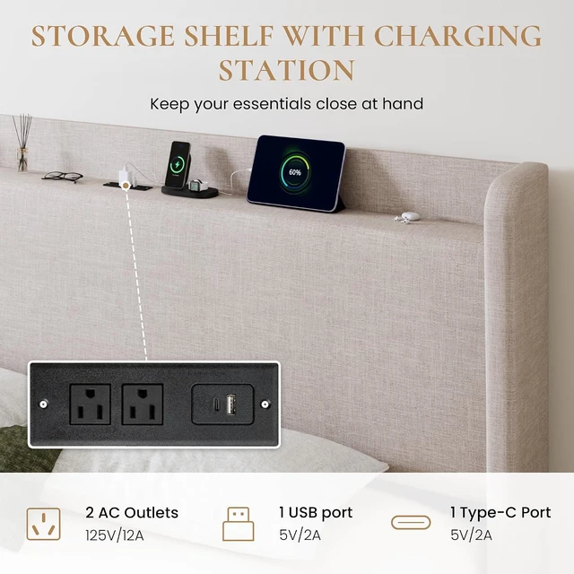 Alt view image 5 of 7 - King Size Storage Bed Frame with 4 Oversized Drawers, Modern Wingback Headboard with Storage Shelf & Charging Station, No Box Spring Needed, Easy Assembly, Beige
