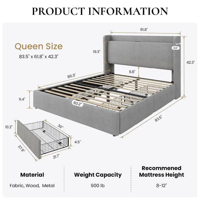 Alt view image 2 of 7 - Queen Size Storage Bed Frame with 4 Oversized Drawers, Modern Wingback Headboard with Storage Shelf & Charging Station, No Box Spring Needed, Easy Assembly, Grey