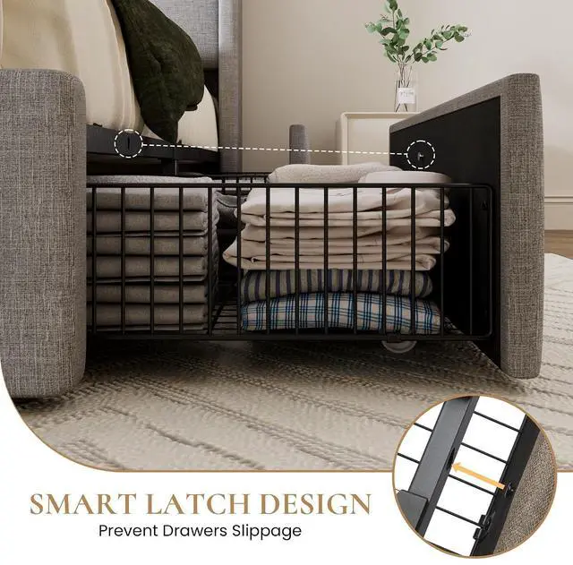 Alt view image 7 of 7 - Queen Size Storage Bed Frame with 4 Oversized Drawers, Modern Wingback Headboard with Storage Shelf & Charging Station, No Box Spring Needed, Easy Assembly, Grey