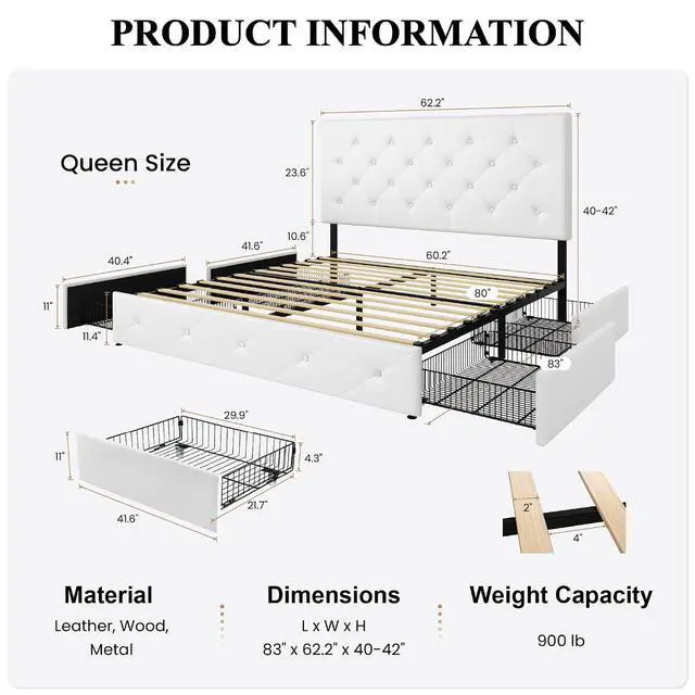 Alt view image 2 of 7 - Upholstered Queen Platform Storage Bed Frame with 4 Drawers, Adjustable Headboard with Faux Leather Diamond Button Tufted Design, Wooden Slat Support, No Box Spring Needed, White