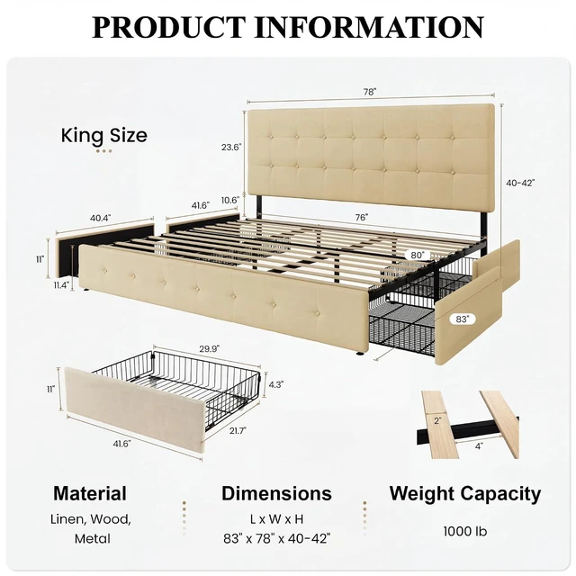 Alt view image 2 of 7 - Upholstered King Size Platform Bed Frame with 4 Storage Drawers, Adjustable Headboard with Square Stitched Button Tufted Design, Wooden Slat Support, No Box Spring Needed, Beige
