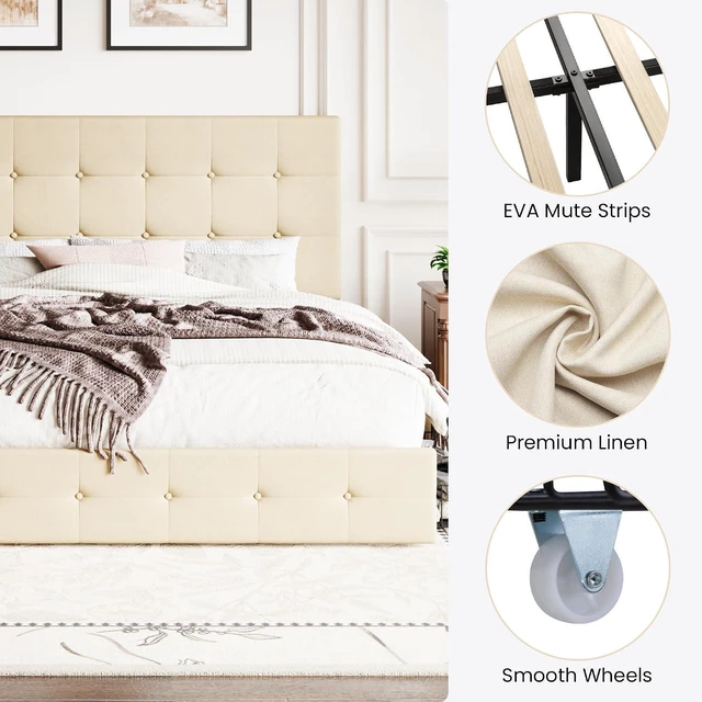 Alt view image 7 of 7 - Upholstered King Size Platform Bed Frame with 4 Storage Drawers, Adjustable Headboard with Square Stitched Button Tufted Design, Wooden Slat Support, No Box Spring Needed, Beige
