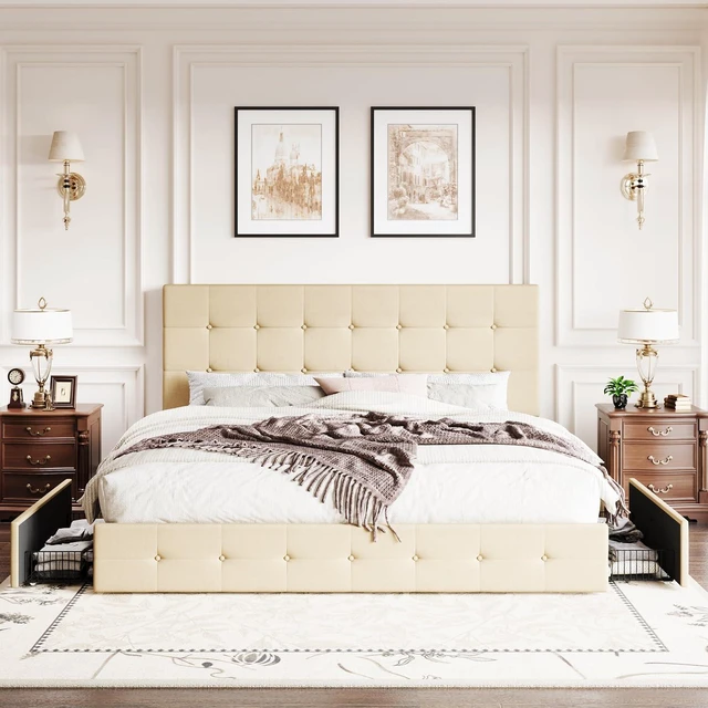 Alt view image 3 of 7 - Upholstered King Size Platform Bed Frame with 4 Storage Drawers, Adjustable Headboard with Square Stitched Button Tufted Design, Wooden Slat Support, No Box Spring Needed, Beige