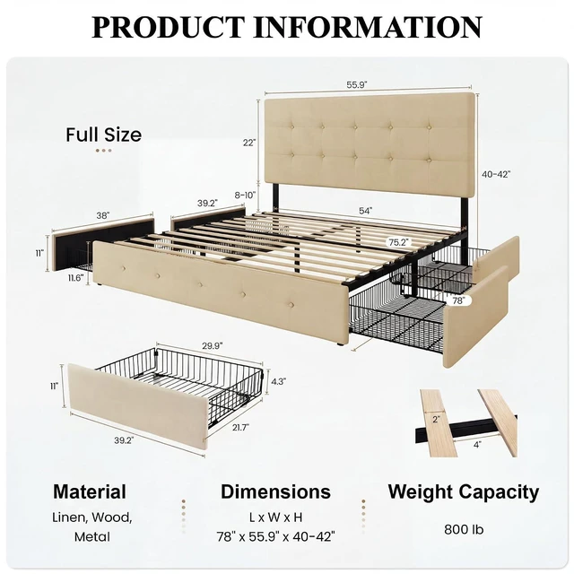 Alt view image 2 of 7 - Upholstered Full Size Platform Bed Frame with 4 Storage Drawers, Adjustable Headboard with Square Stitched Button Tufted Design, Wooden Slat Support, No Box Spring Needed, Beige