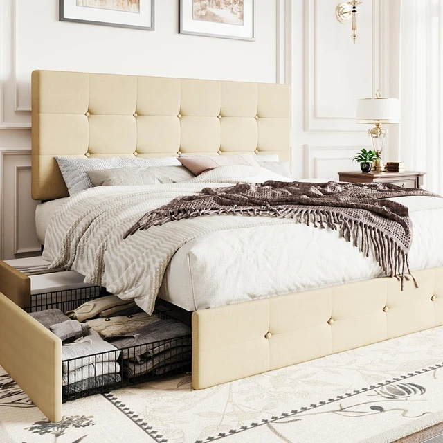 Main image of Upholstered Full Size Platform Bed Frame with 4 Storage Drawers, Adjustable Headboard with Square Stitched Button Tufted Design, Wooden Slat Support, No Box Spring Needed, Beige