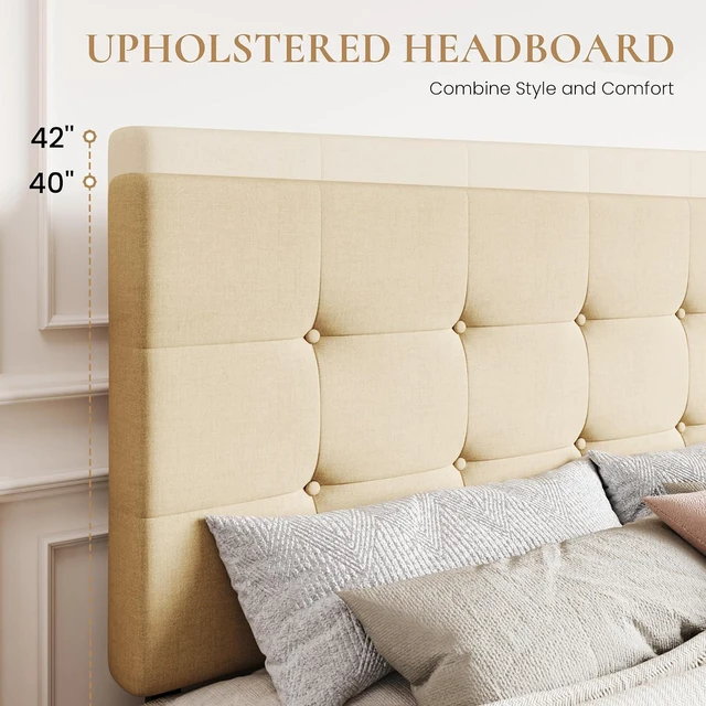 Alt view image 4 of 7 - Upholstered King Size Platform Bed Frame with 4 Storage Drawers, Adjustable Headboard with Square Stitched Button Tufted Design, Wooden Slat Support, No Box Spring Needed, Beige