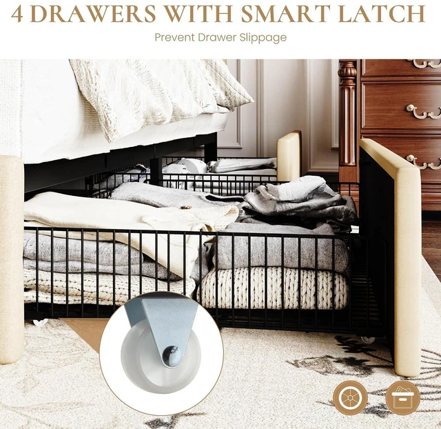 Alt view image 5 of 7 - Upholstered King Size Platform Bed Frame with 4 Storage Drawers, Adjustable Headboard with Square Stitched Button Tufted Design, Wooden Slat Support, No Box Spring Needed, Beige