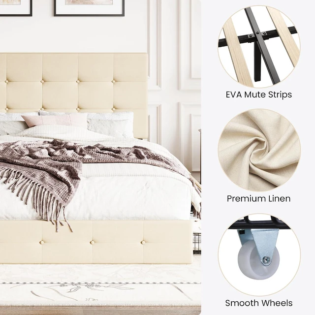Alt view image 7 of 7 - Upholstered Full Size Platform Bed Frame with 4 Storage Drawers, Adjustable Headboard with Square Stitched Button Tufted Design, Wooden Slat Support, No Box Spring Needed, Beige
